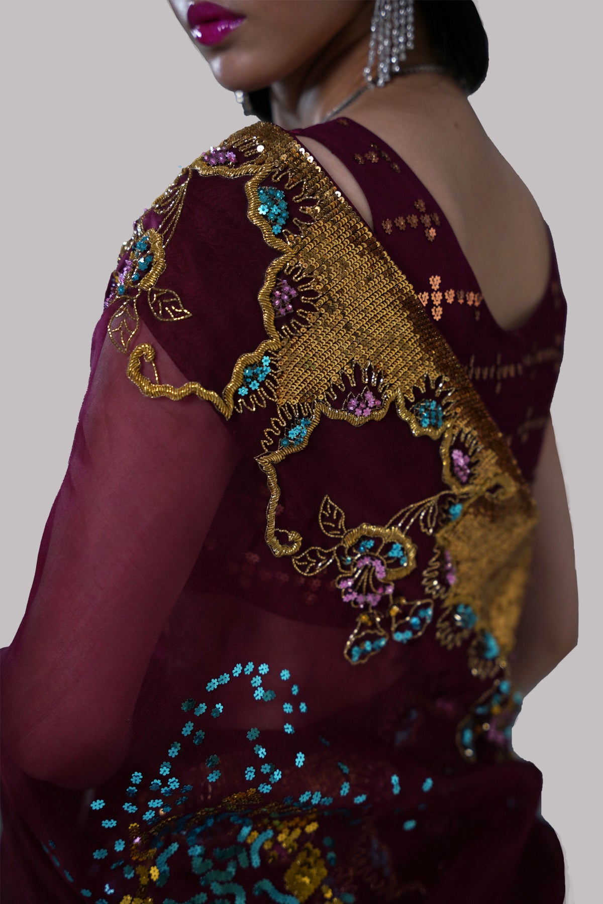 Cloqué Maroon Embellished Organza Sari