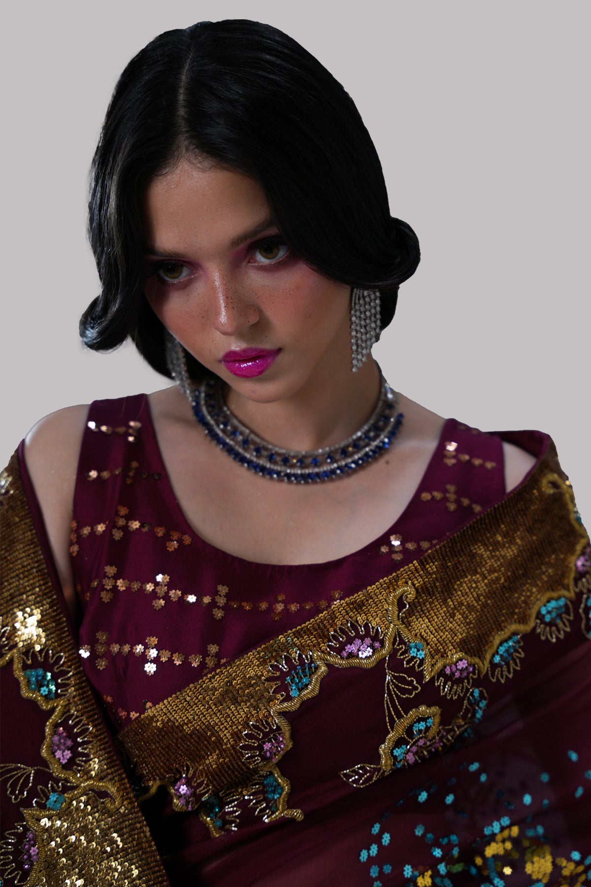 Cloqué Maroon Embellished Organza Sari