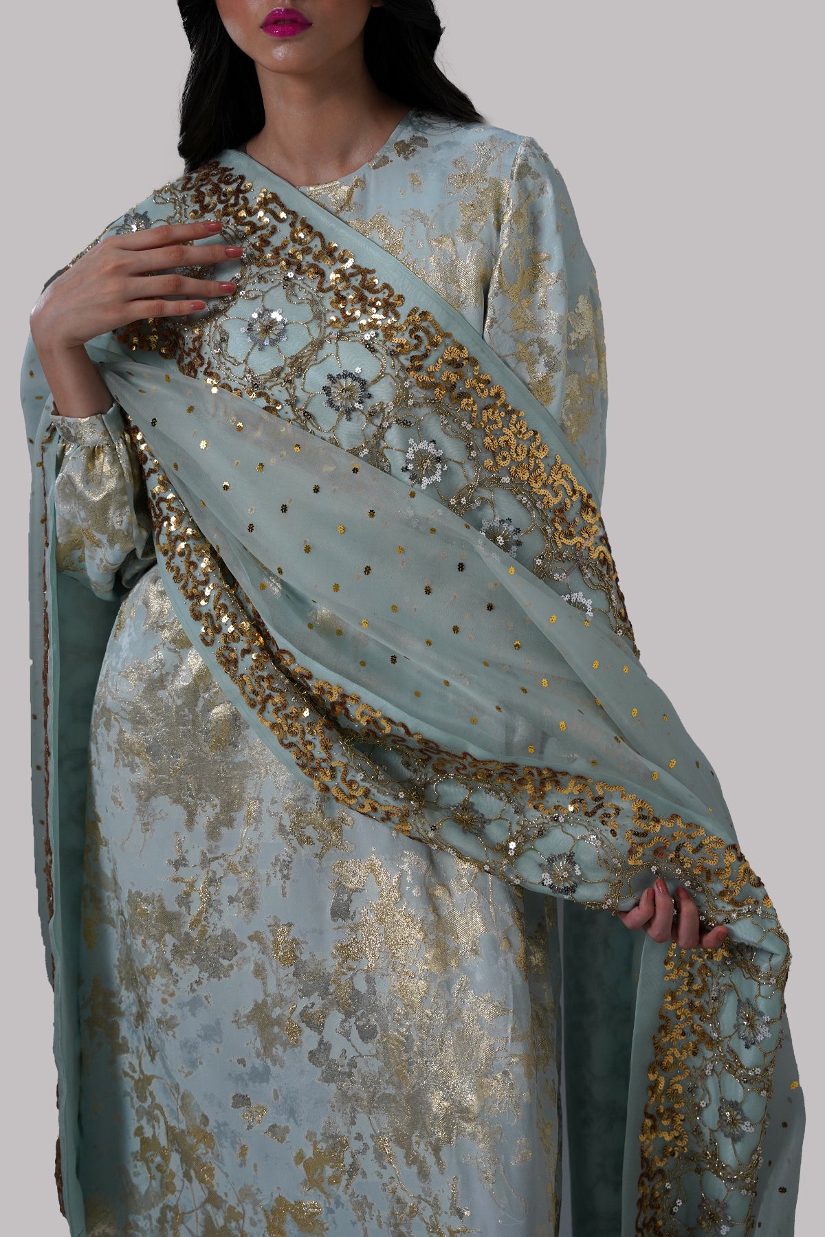 Ice Blue Italian Silk Cloqué Maxi Set