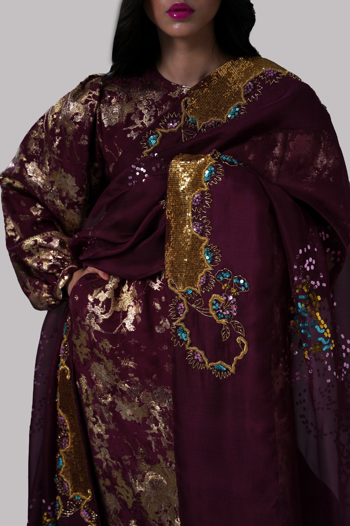 Burnt Wine Italian Silk Cloqué Maxi Set