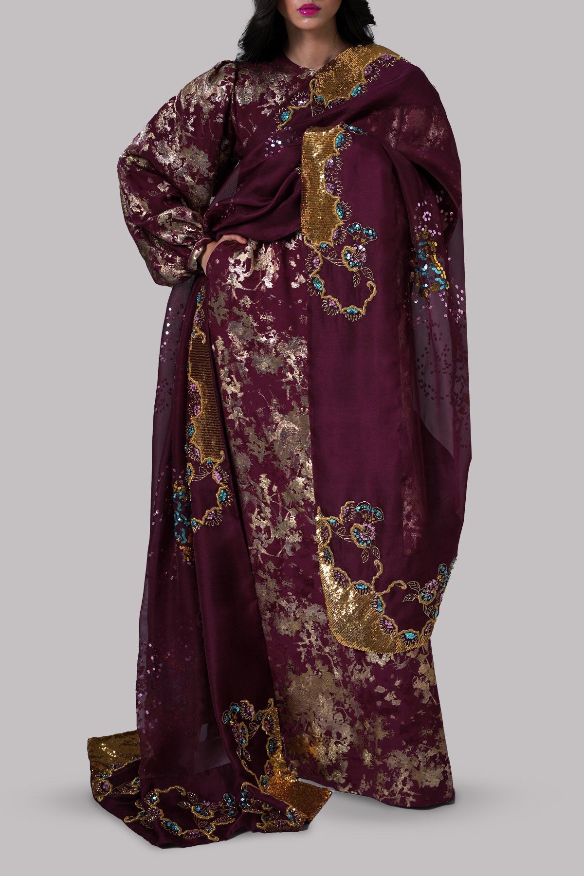 Burnt Wine Italian Silk Cloqué Maxi Set