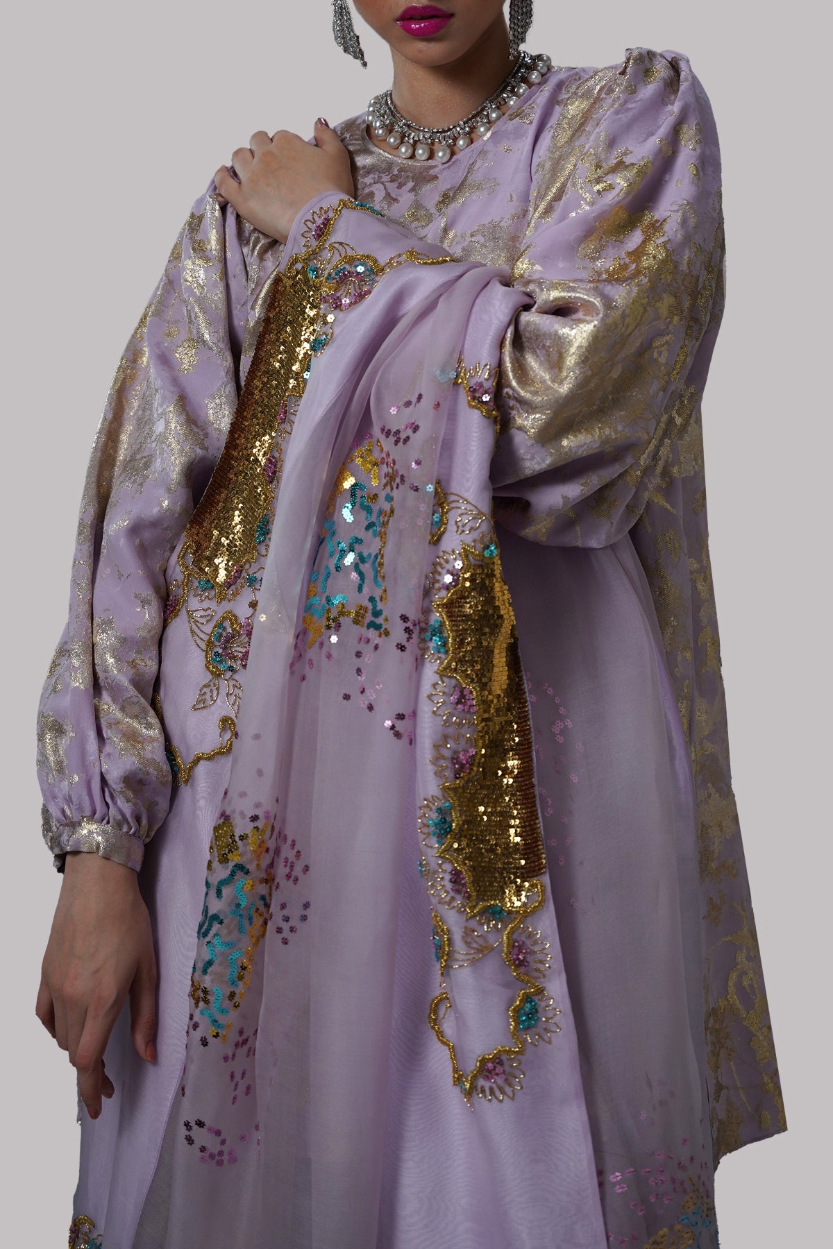 Lilac Embellished Italian Silk Cloqué Set