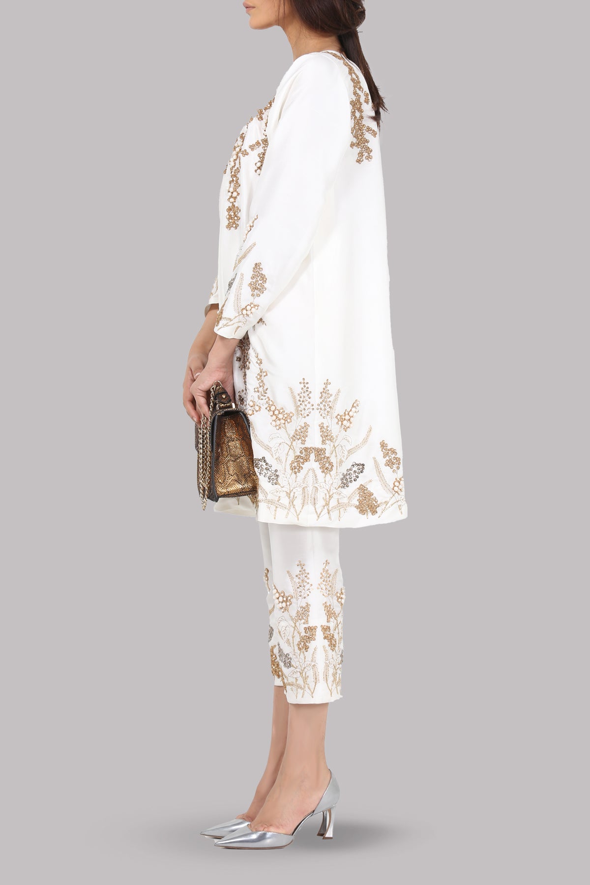 White Embellished Raw Silk Tunic Set