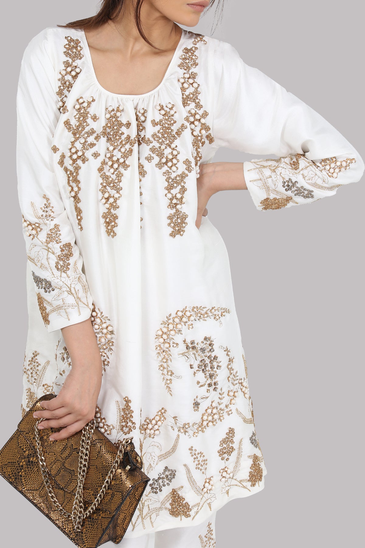 White Embellished Raw Silk Tunic Set