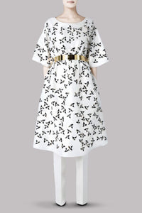 White Embellished Raw Silk Tunic with Straight Pants