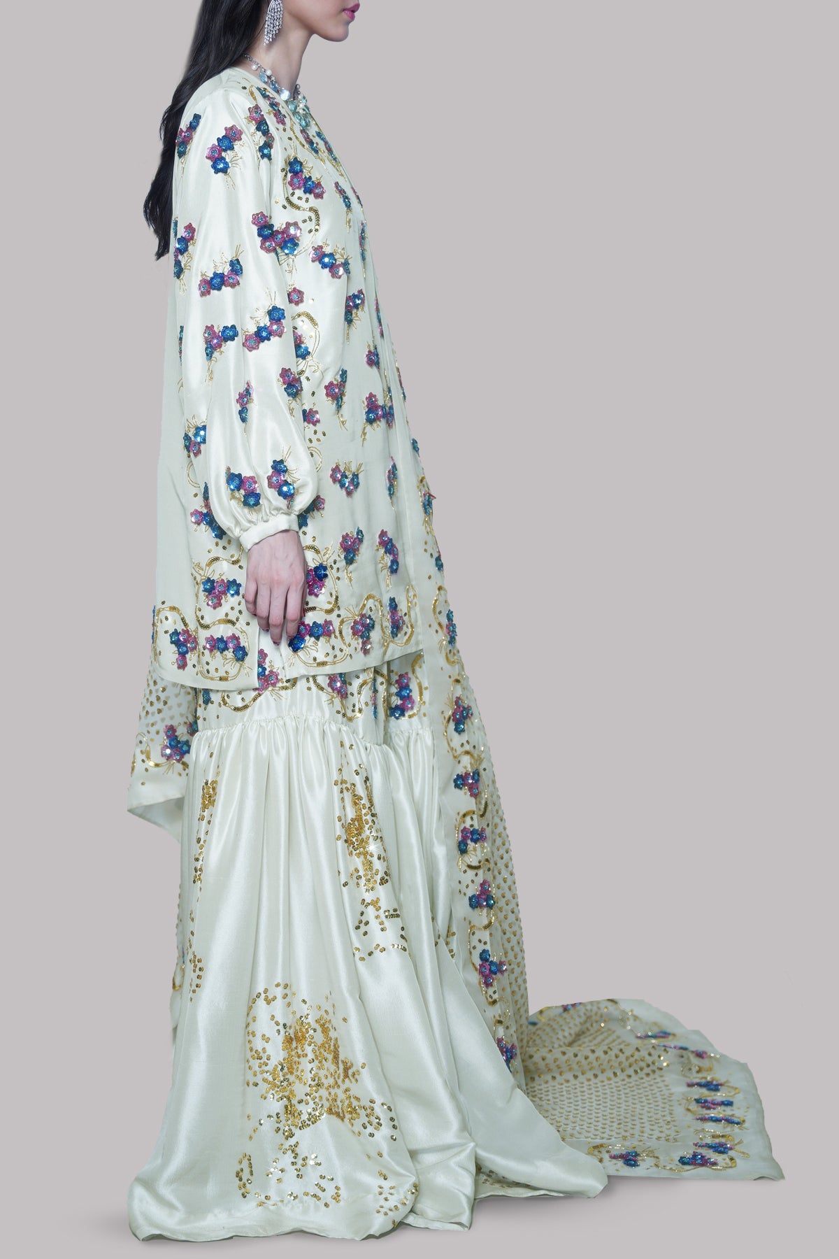 Egret Embellished Raw Silk Gharara Set