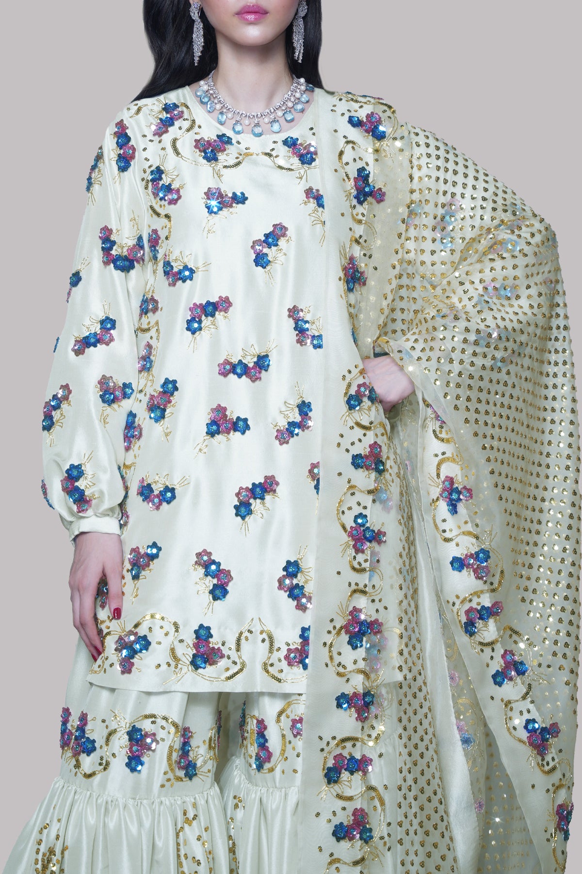 Egret Embellished Raw Silk Gharara Set