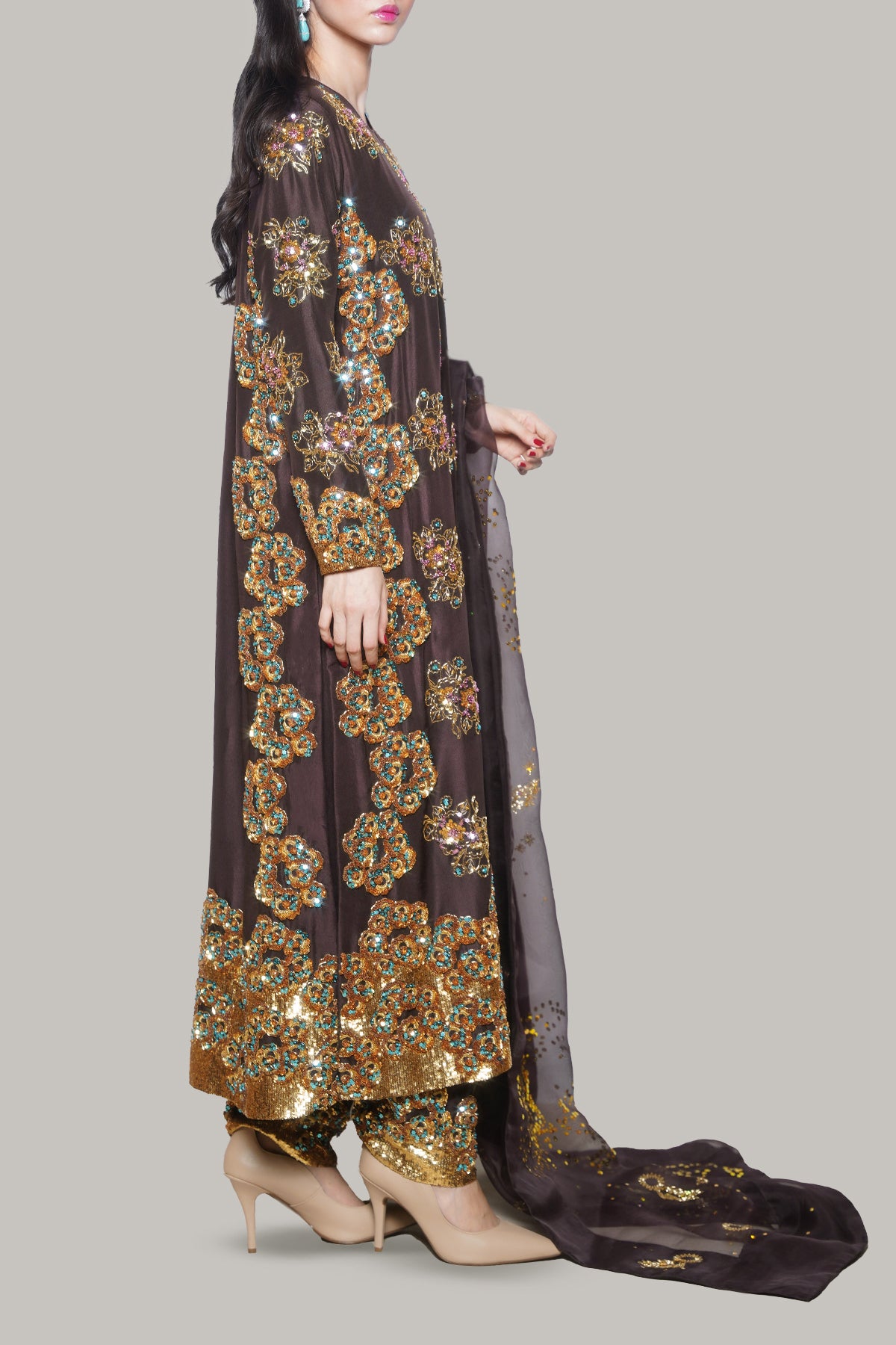 Black Coffee Embellished Raw Silk Set