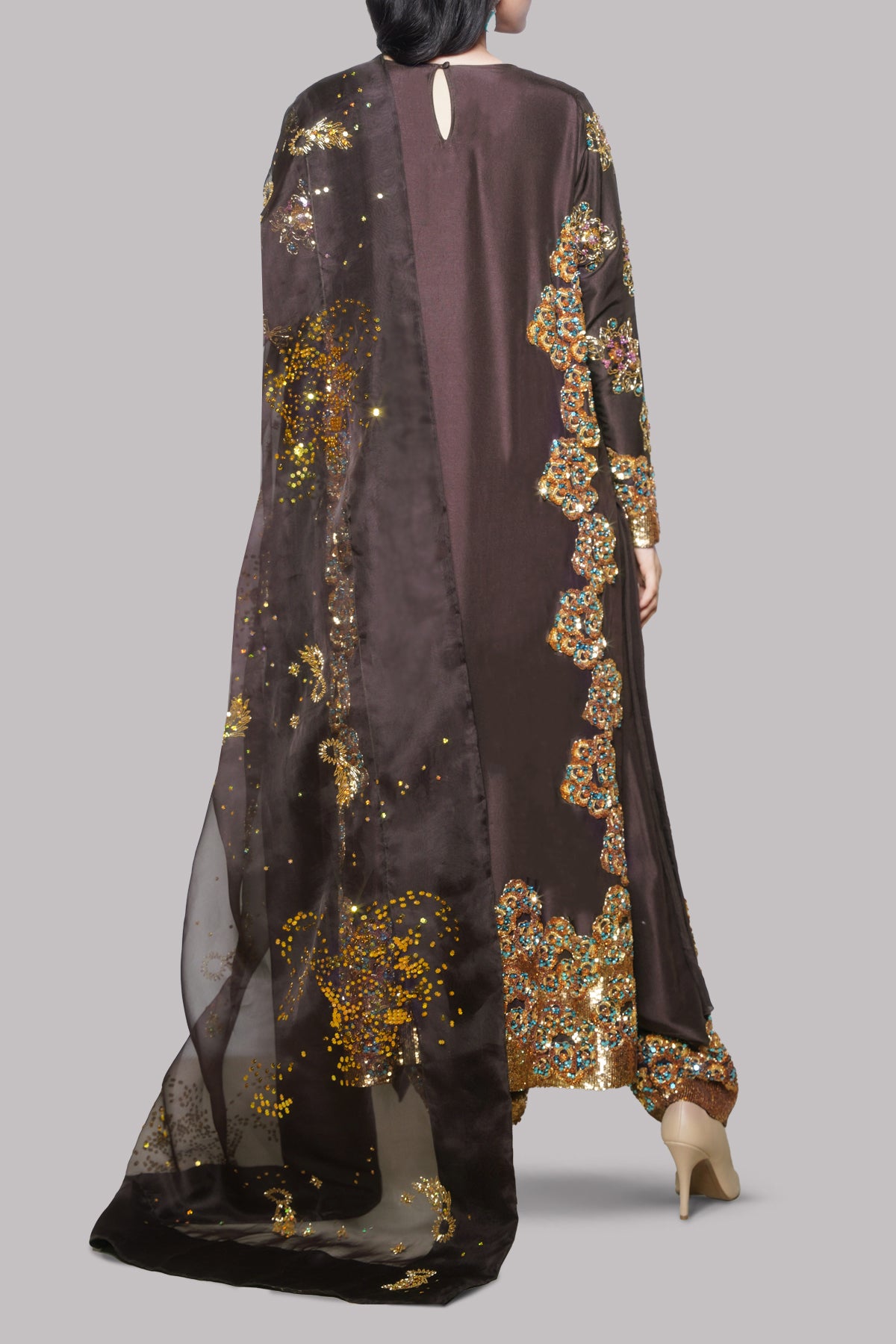 Black Coffee Embellished Raw Silk Set
