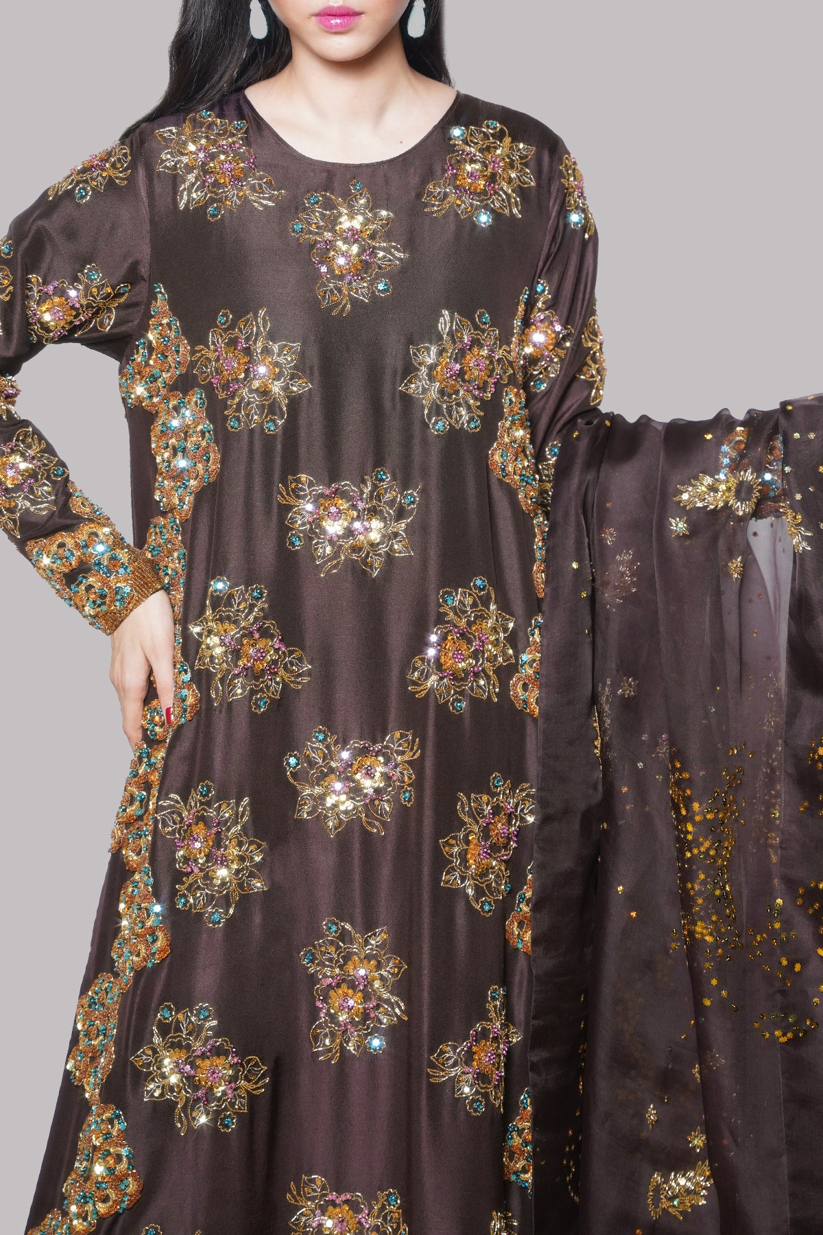 Black Coffee Embellished Raw Silk Set