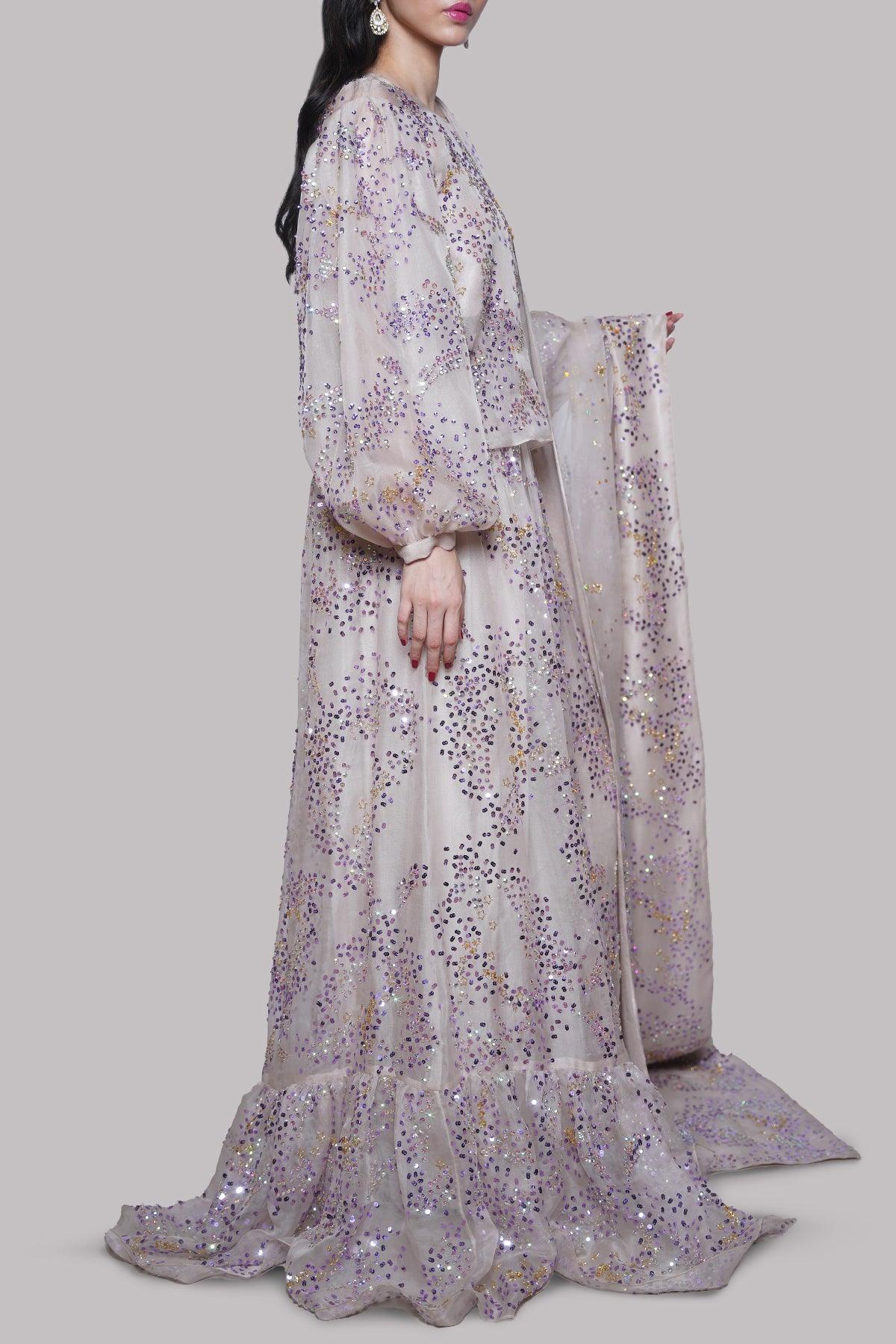 Silver Grey Embellished Organza Skirt Set