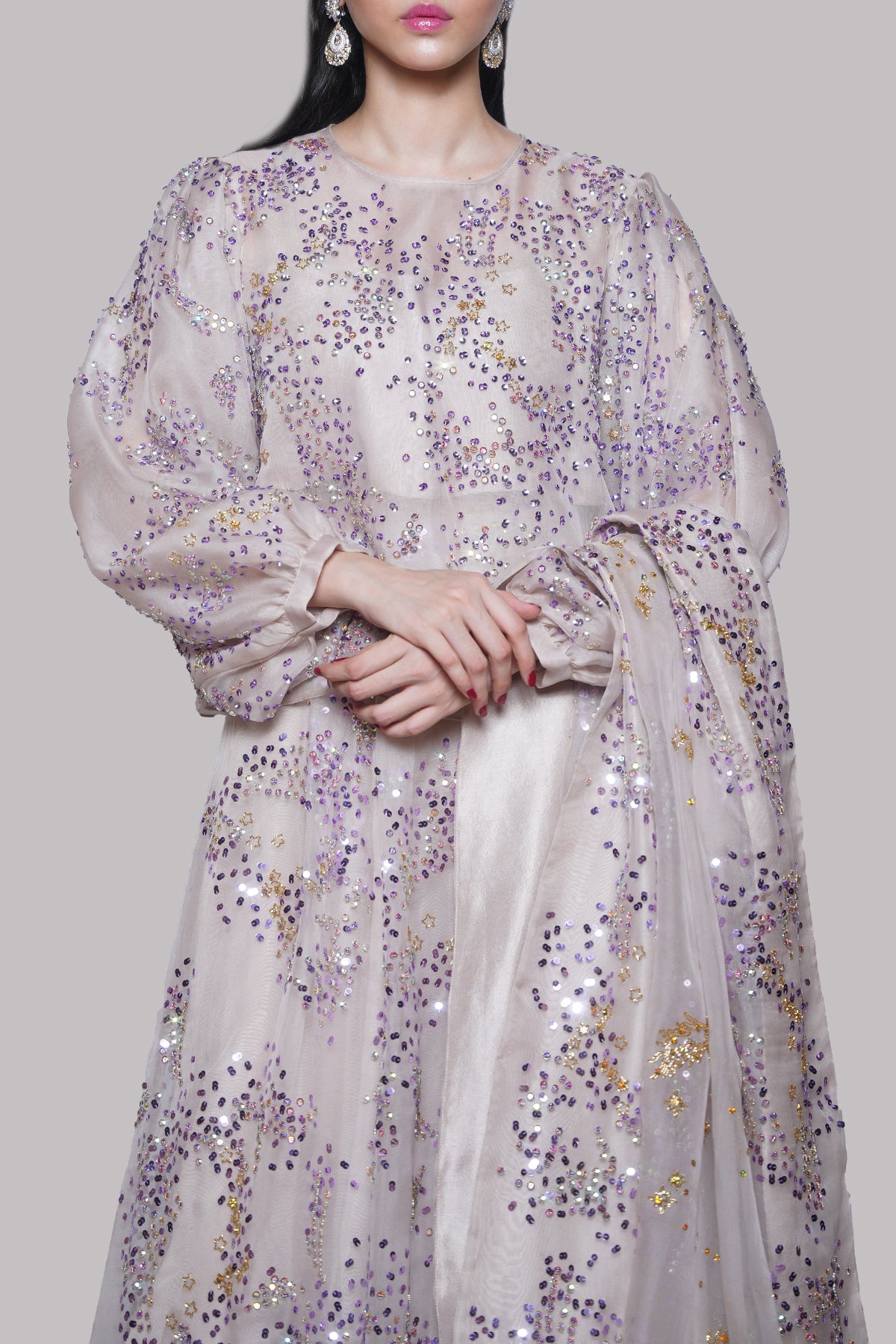 Silver Grey Embellished Organza Skirt Set