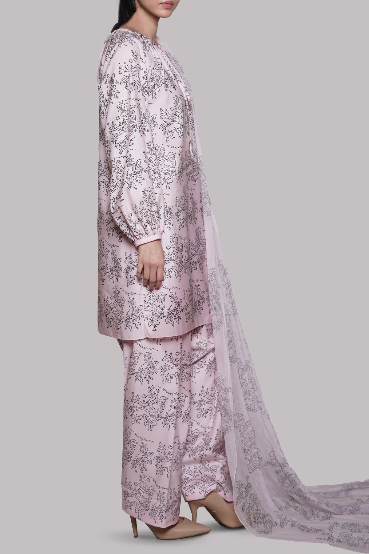 Pink Block Printed Raw Silk Set