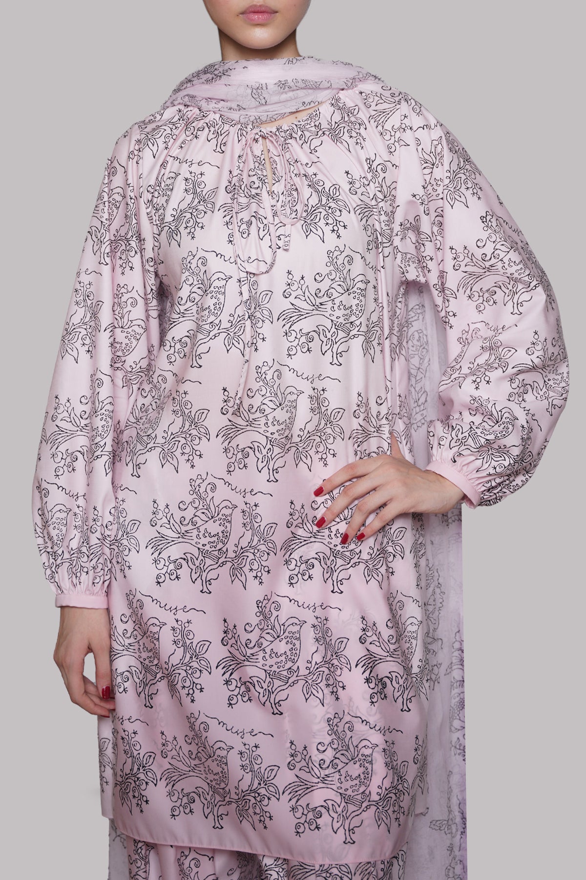 Pink Block Printed Raw Silk Set