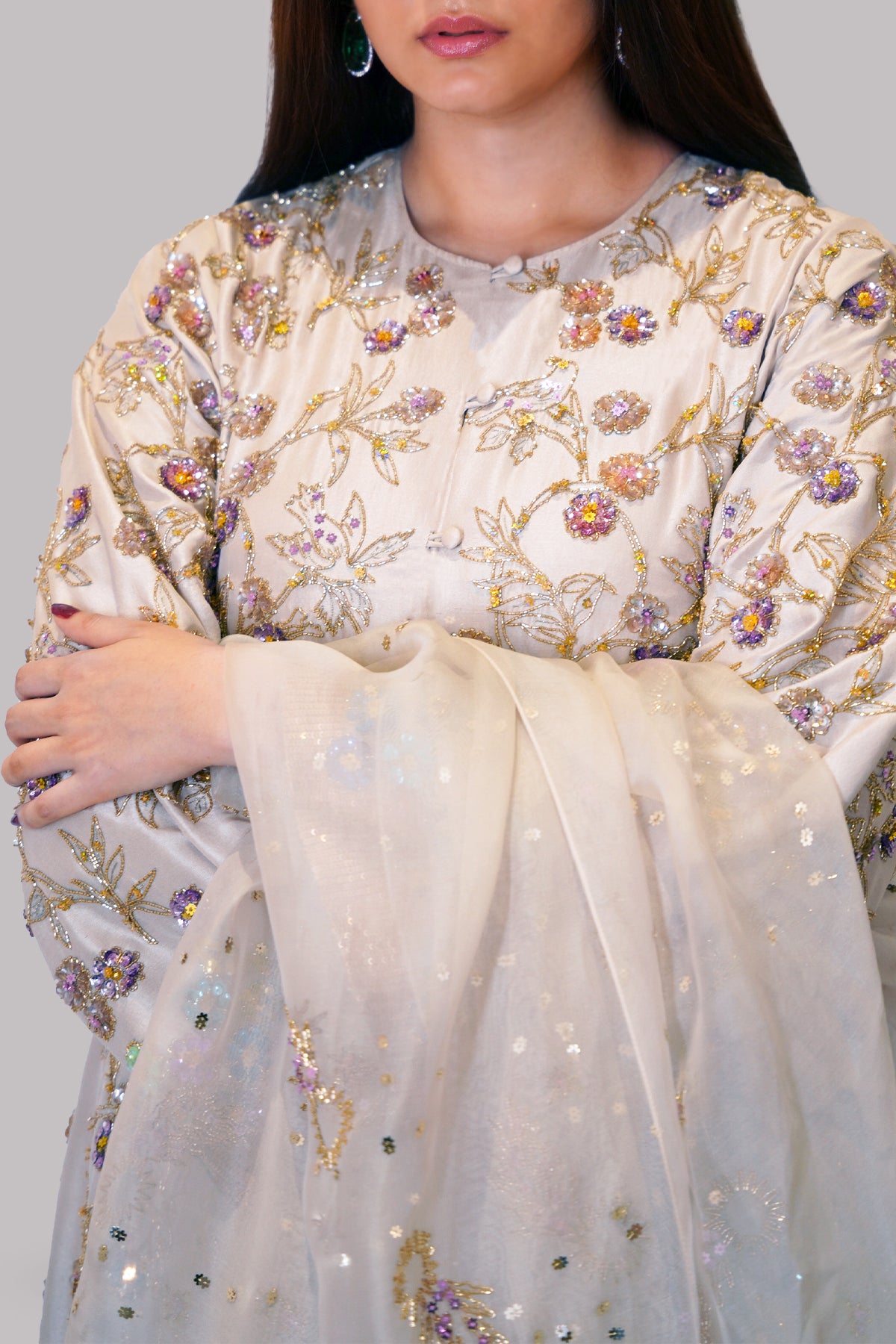 White Swan Embellished Raw Silk Set