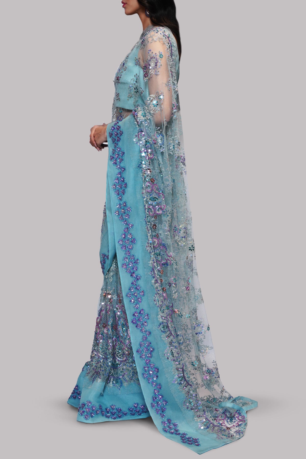 Cabana Blue Embellished Chantilly Lace Sari