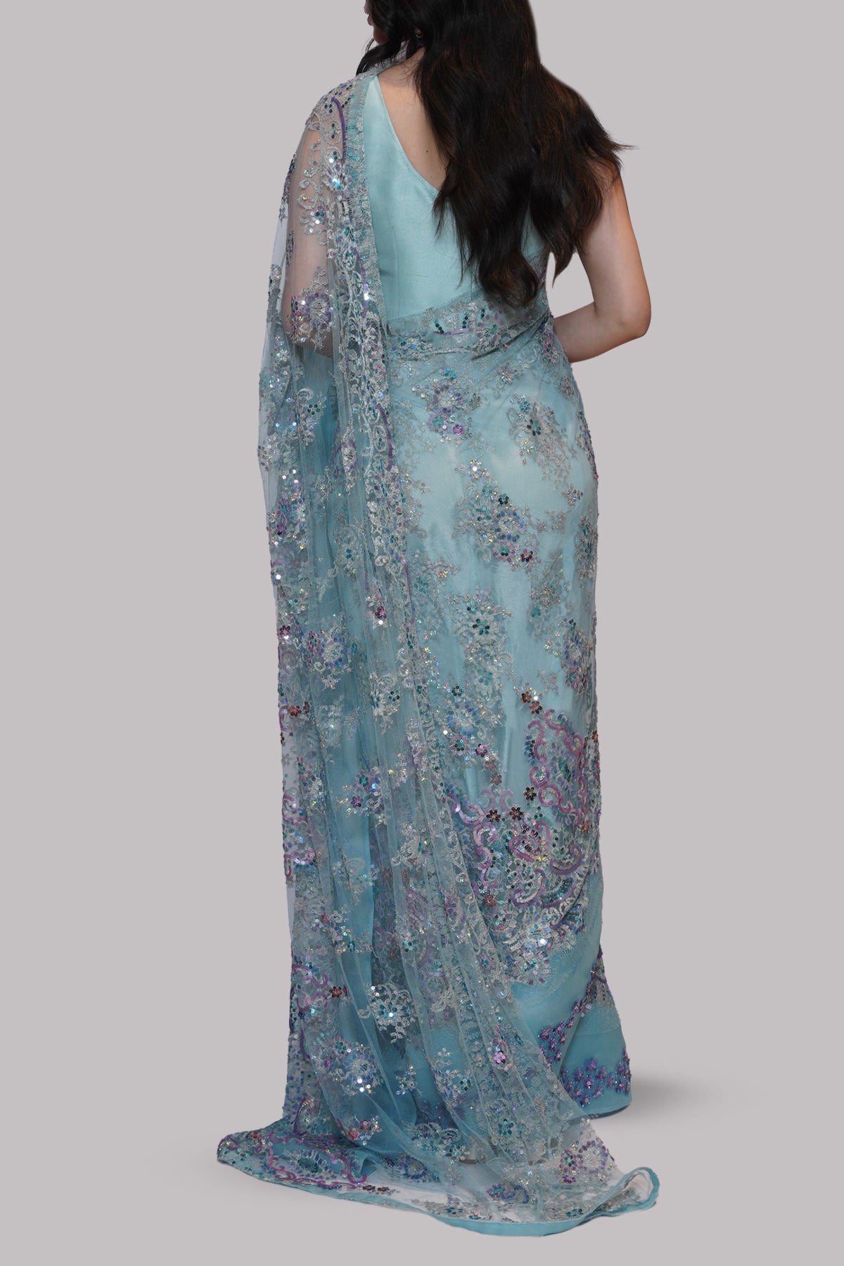 Cabana Blue Embellished Chantilly Lace Sari
