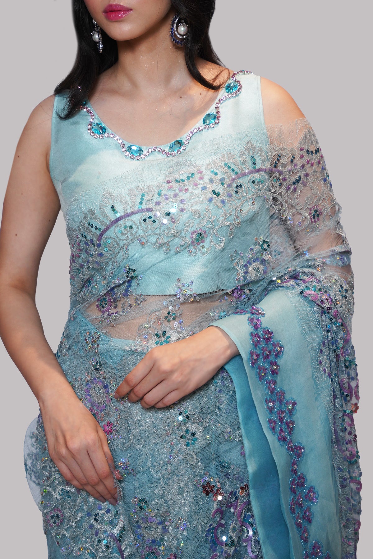 Cabana Blue Embellished Chantilly Lace Sari