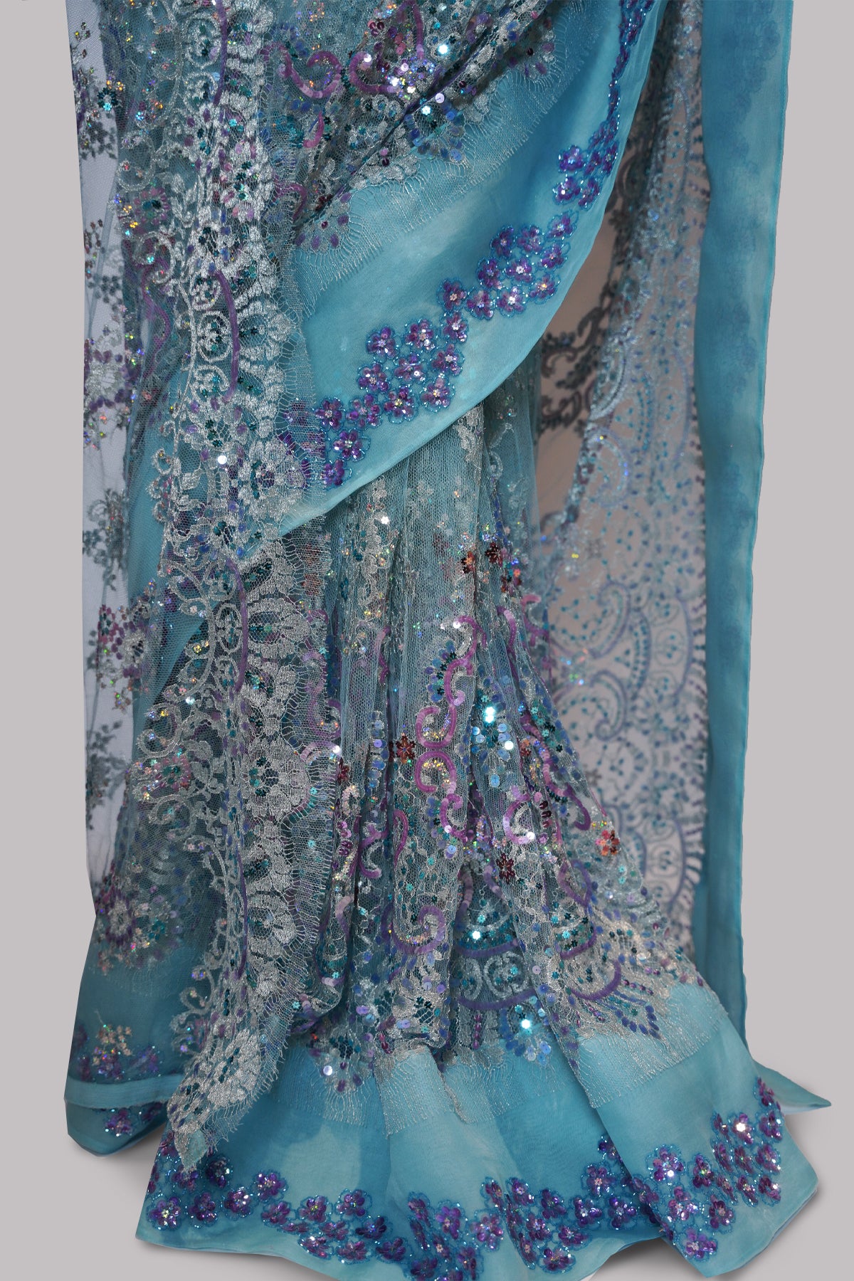 Cabana Blue Embellished Chantilly Lace Sari