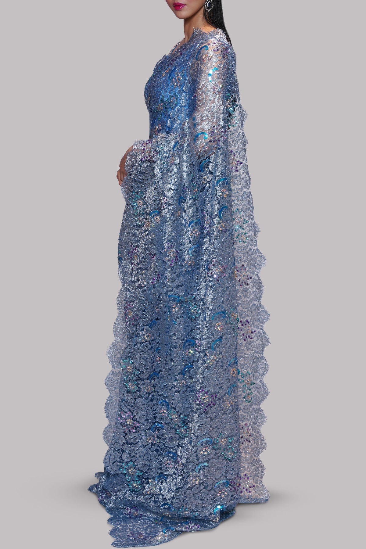 Blue Yonder Embellished Chantilly Lace Sari