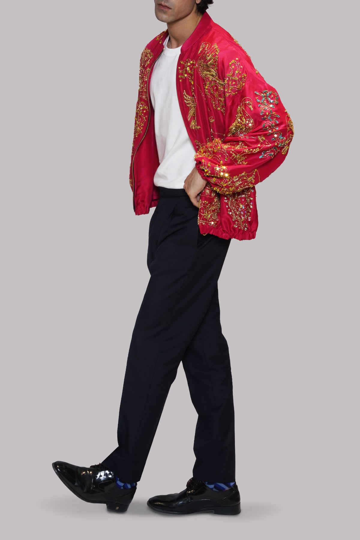 Tango Red Embellished Raw Silk Jacket