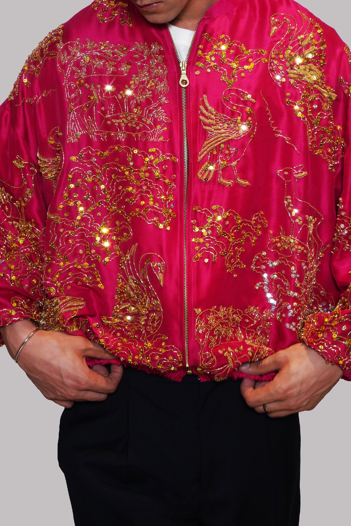 Tango Red Embellished Raw Silk Jacket
