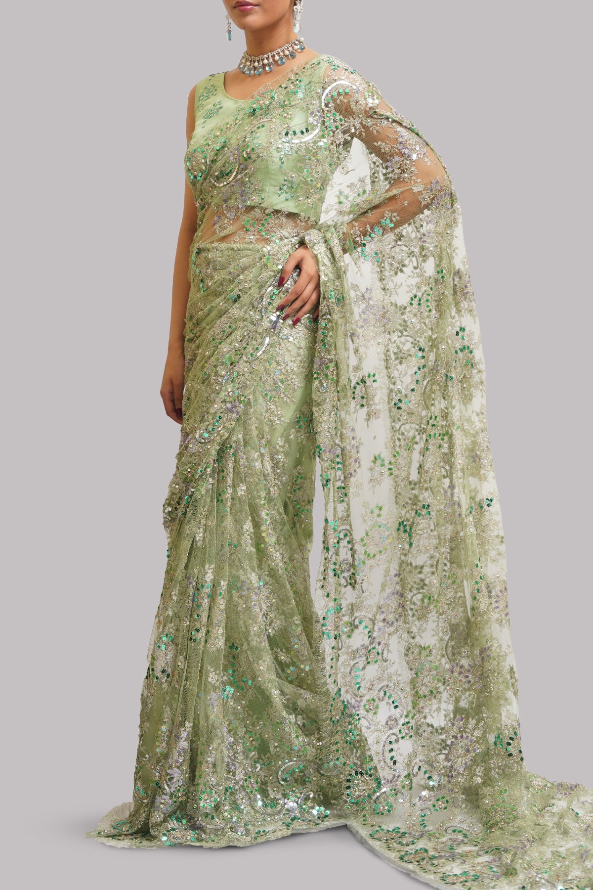 Fog Green Embellished Chantilly Lace Sari