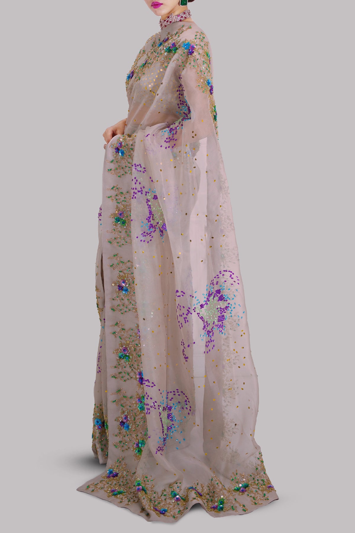 Silver Grey Embellished Organza Sari