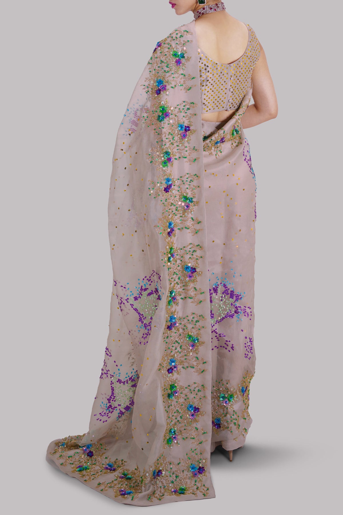 Silver Grey Embellished Organza Sari