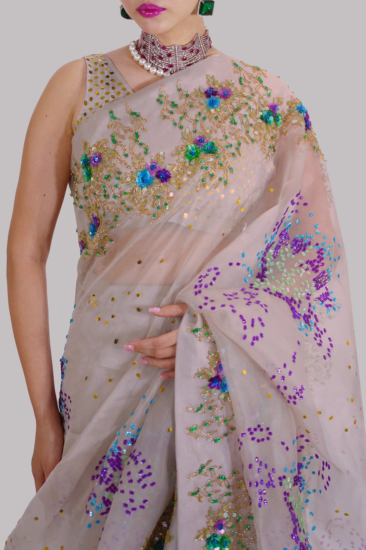 Silver Grey Embellished Organza Sari