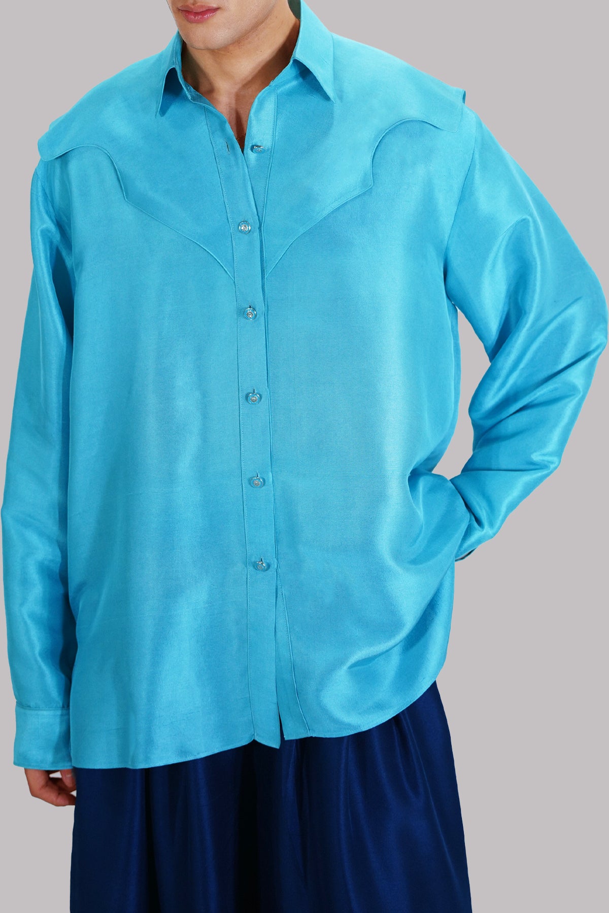 Scuba Blue Collared Cut-Out Shirt Set