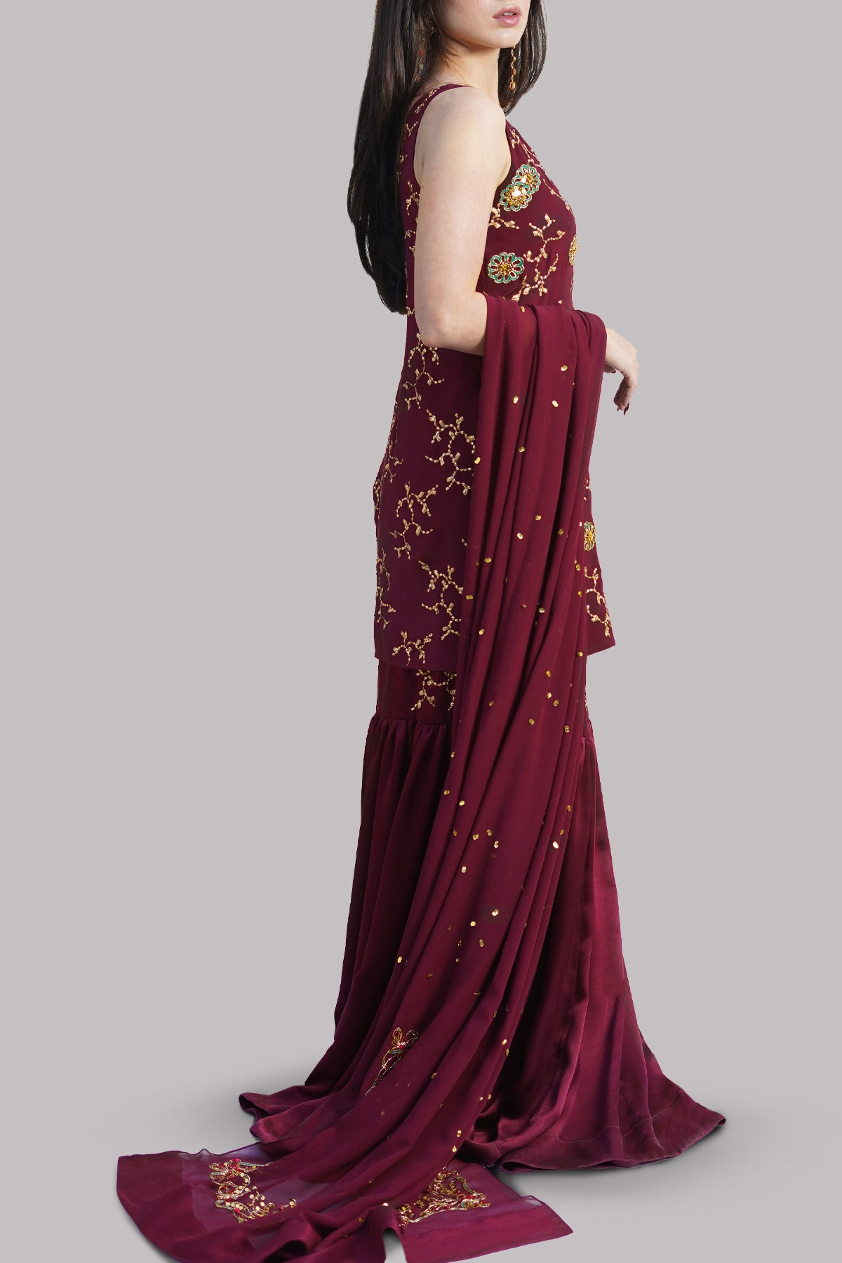 Cloque Maroon Embellished Gharara Set