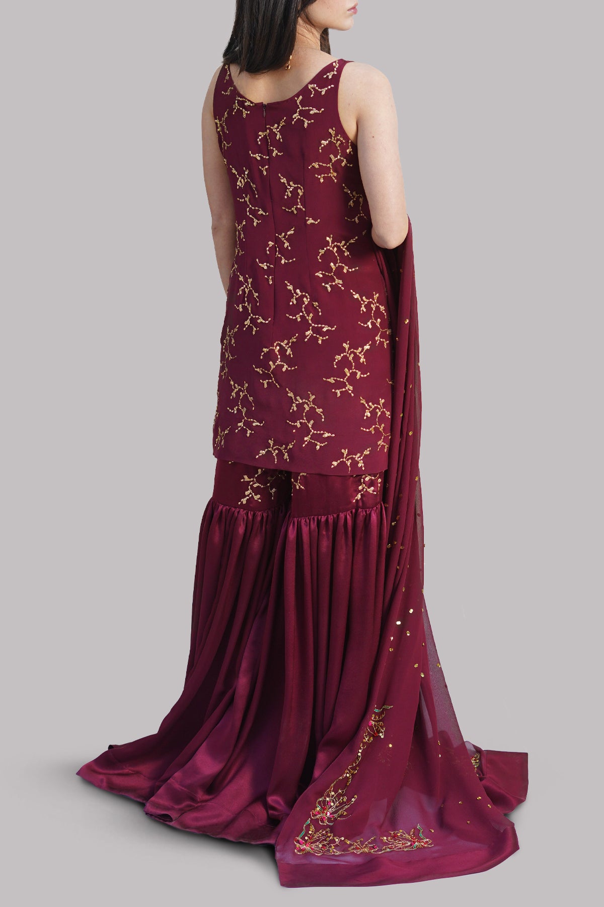 Cloque Maroon Embellished Gharara Set