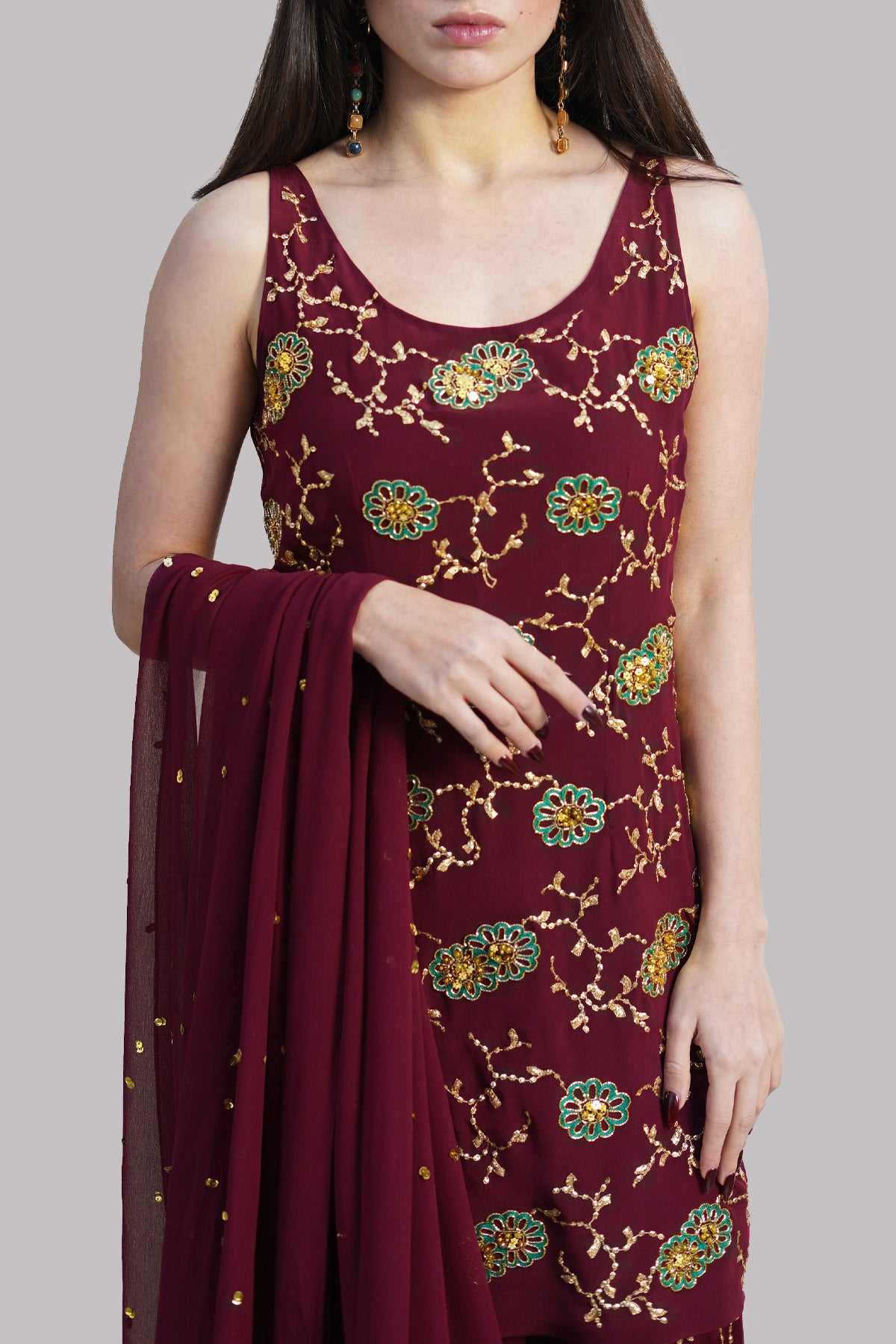 Cloque Maroon Embellished Gharara Set