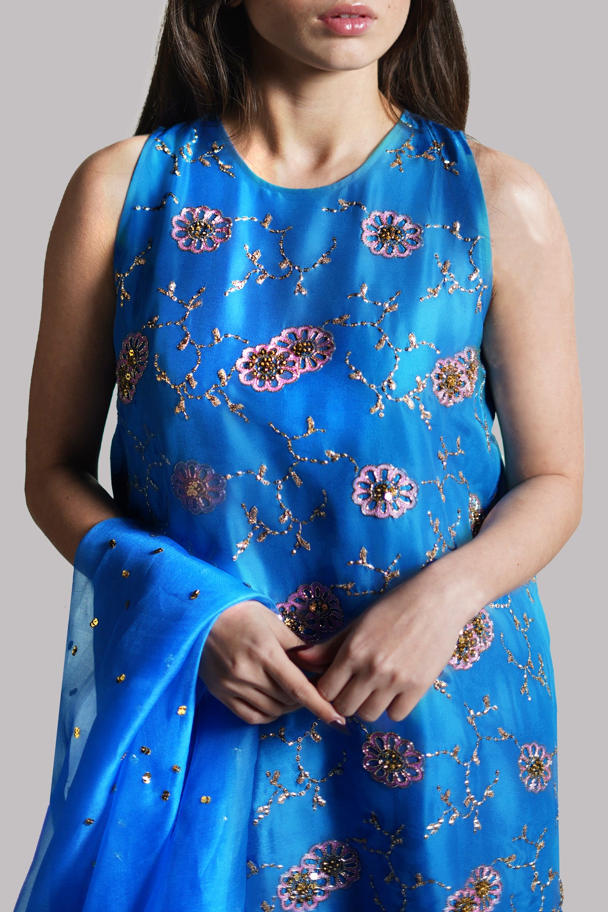 Indigo Bunting Embellished Raw Silk Set