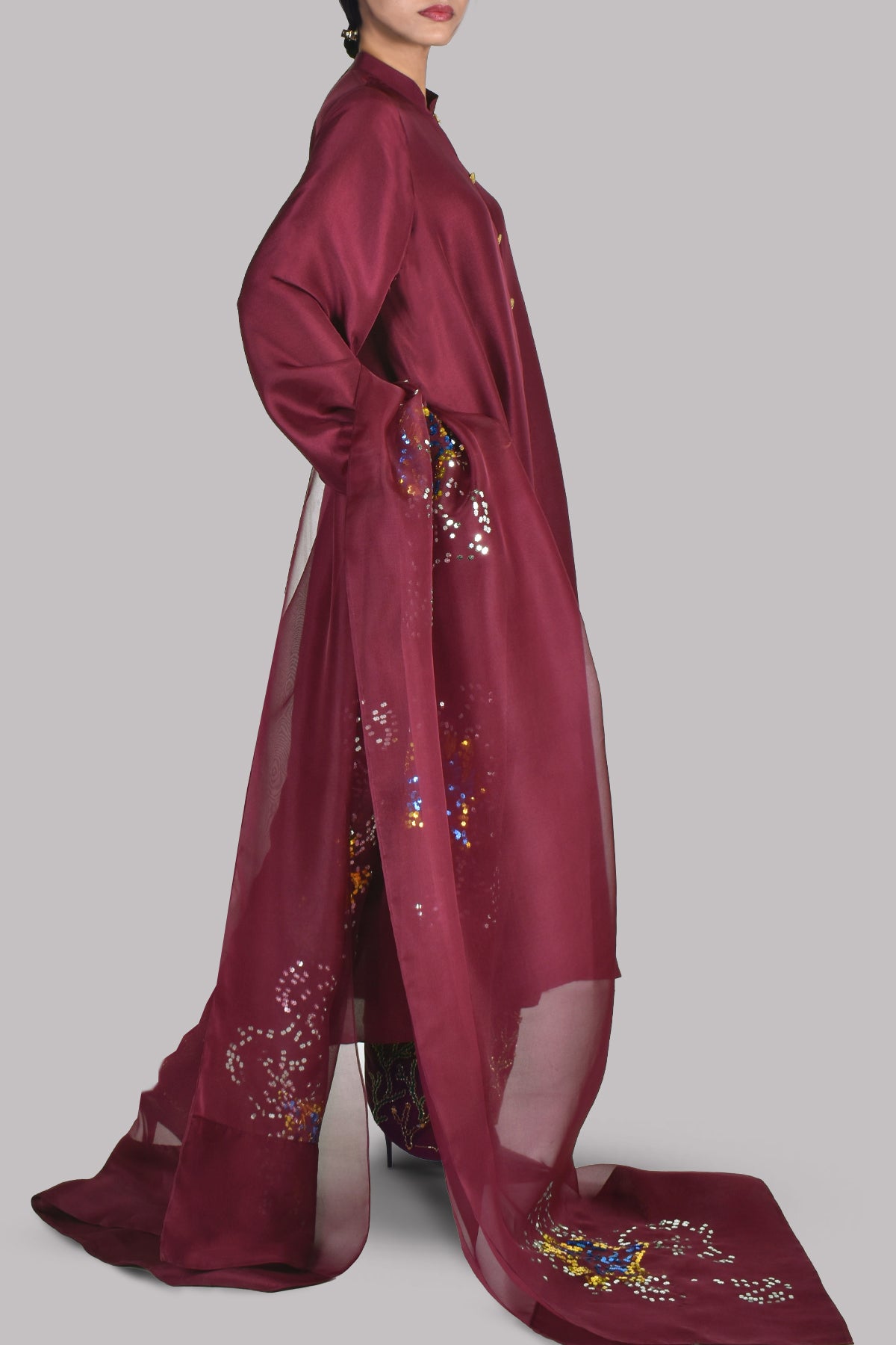 Cloqué Maroon Embellished Raw Silk Set