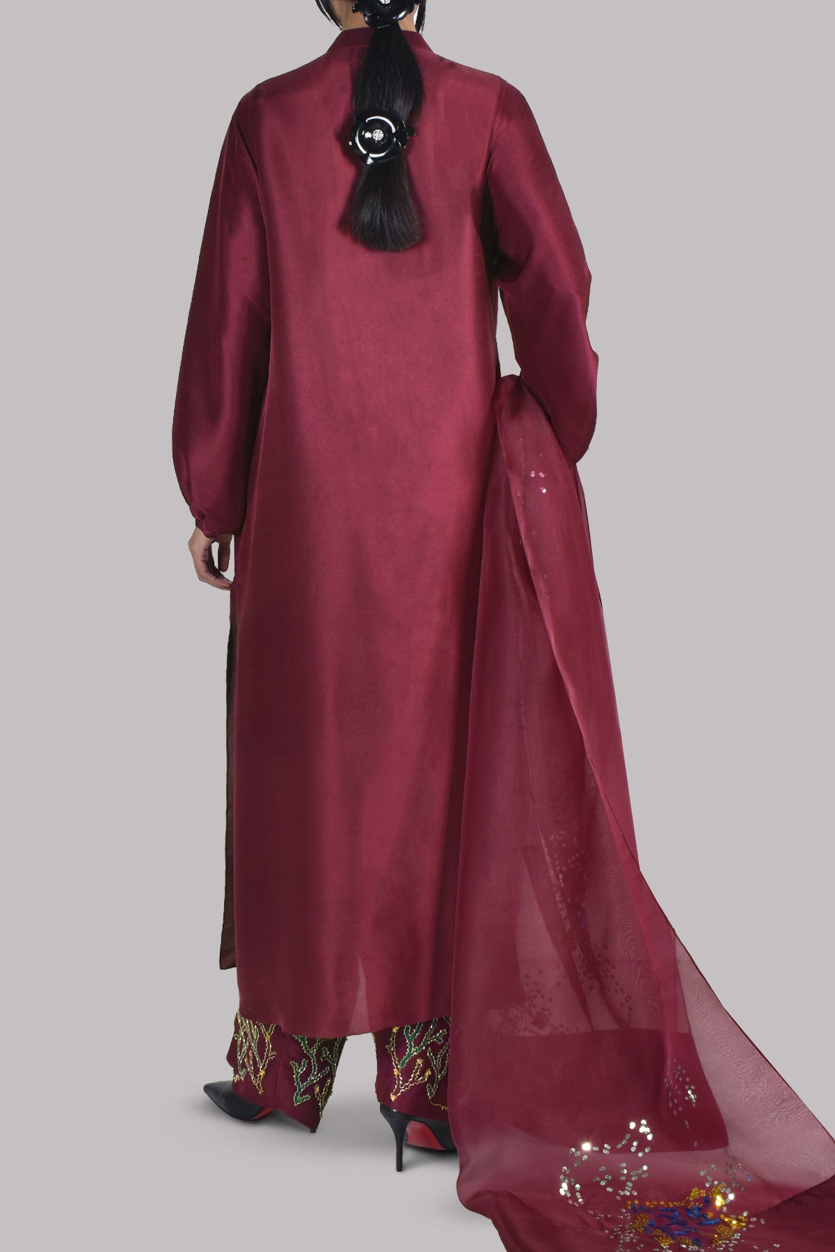 Cloqué Maroon Embellished Raw Silk Set