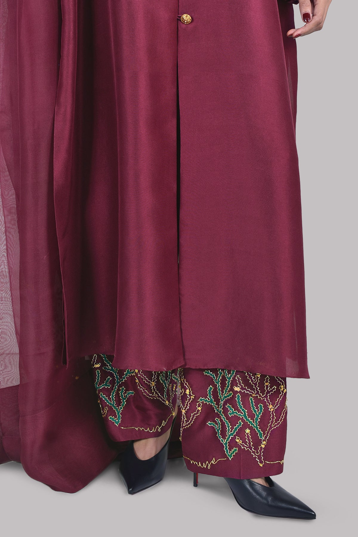 Cloqué Maroon Embellished Raw Silk Set