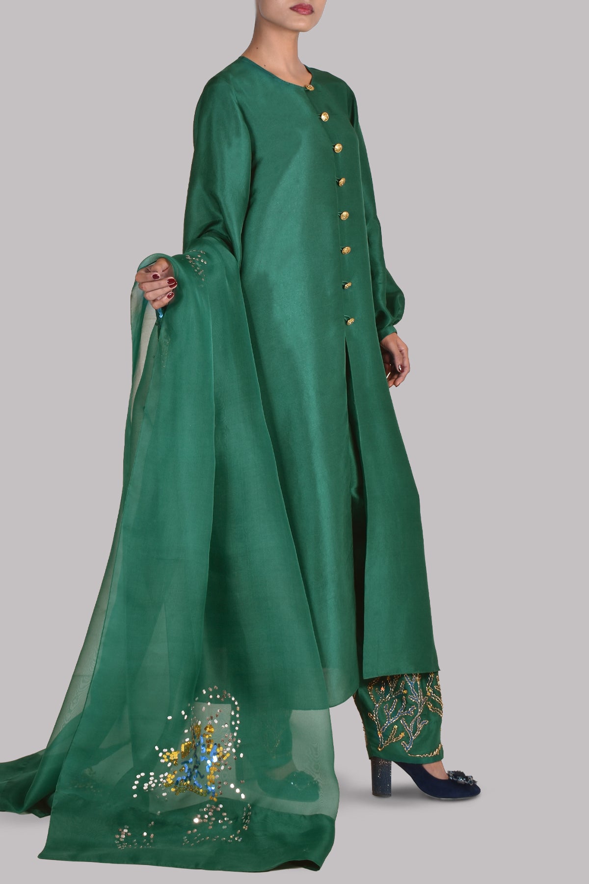Galapagos Green Embellished Raw Silk Set