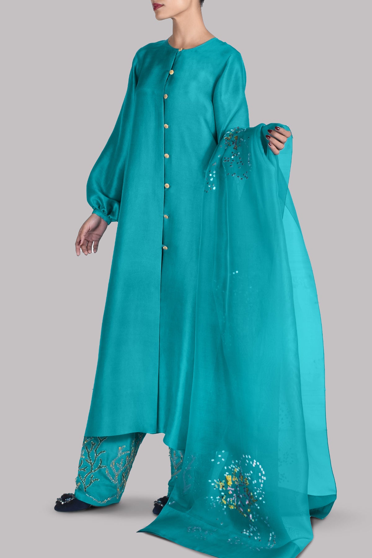 Lake Blue Embellished Raw Silk Set