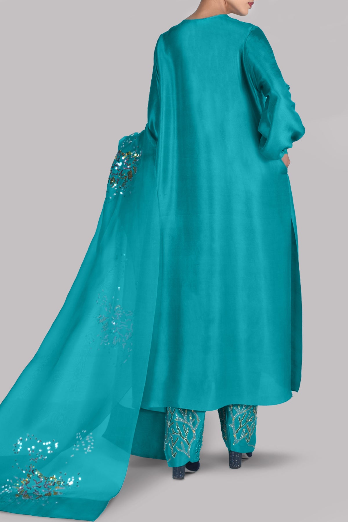 Lake Blue Embellished Raw Silk Set