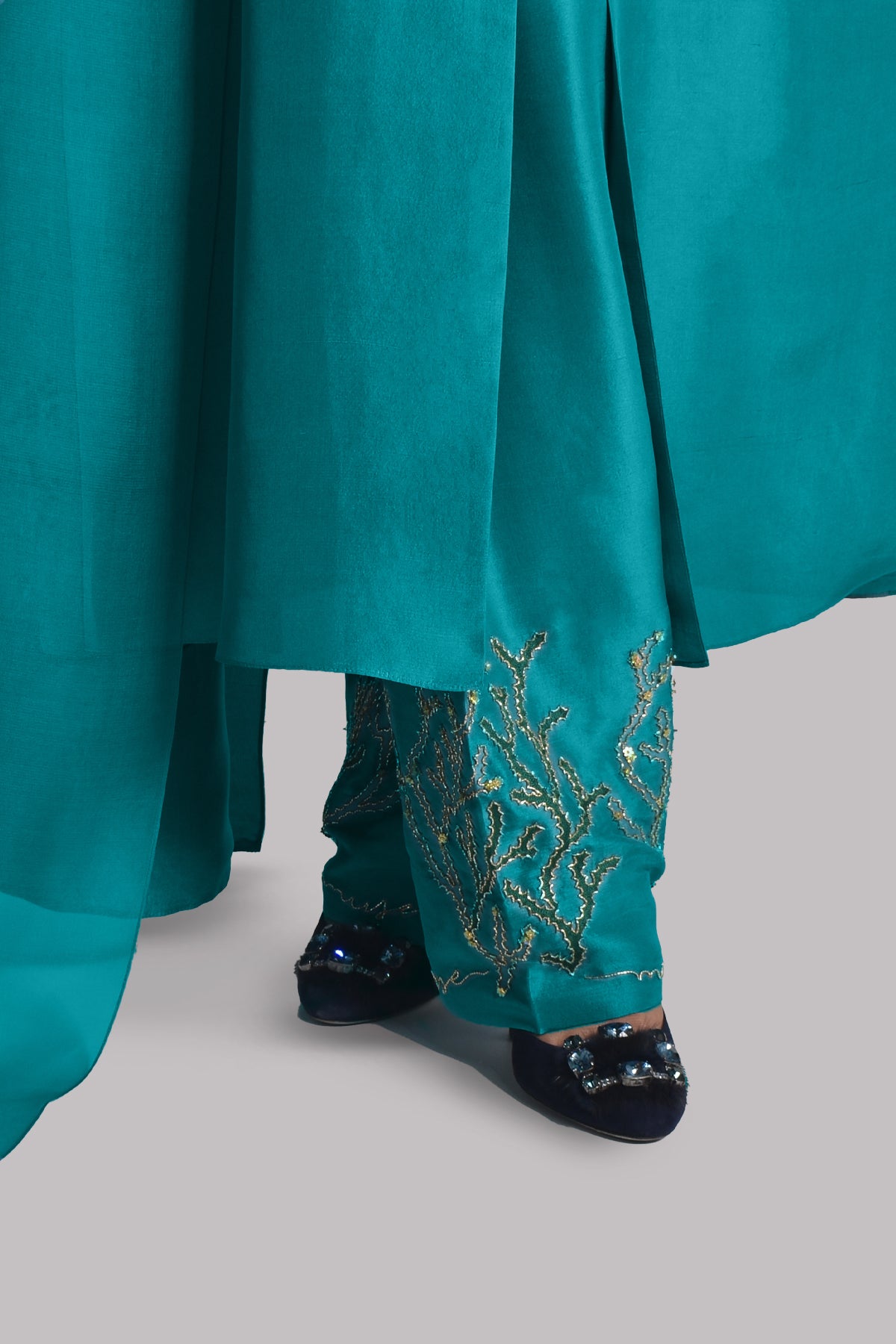 Lake Blue Embellished Raw Silk Set