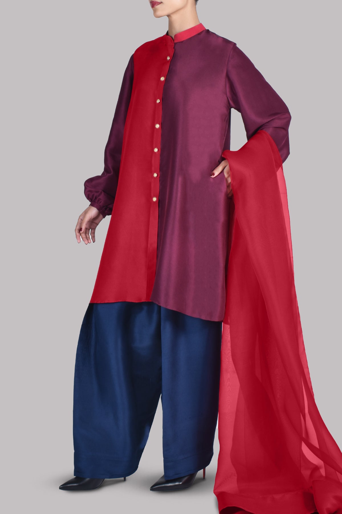 Toreador and Cloqué Maroon Raw Silk Set