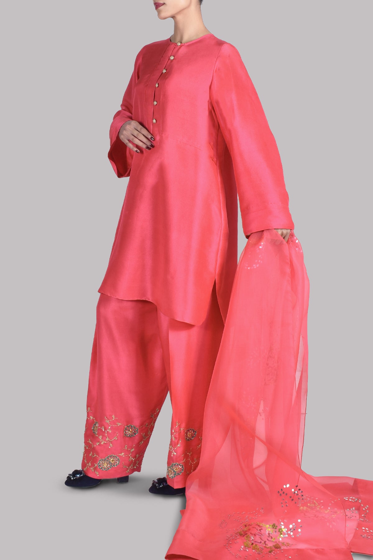 Rouge Red Embellished Raw Silk Set