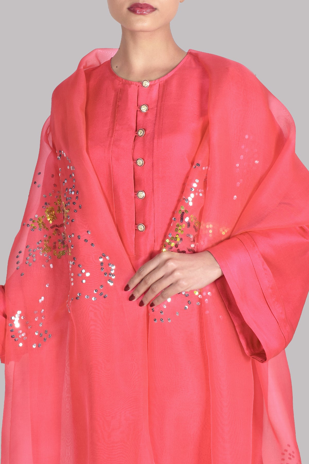 Rouge Red Embellished Raw Silk Set