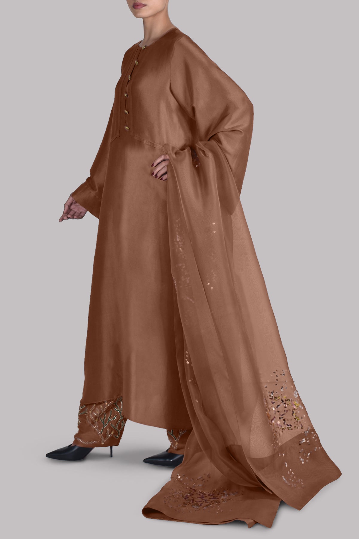 Mocha Mousse Embellished Raw Silk Set