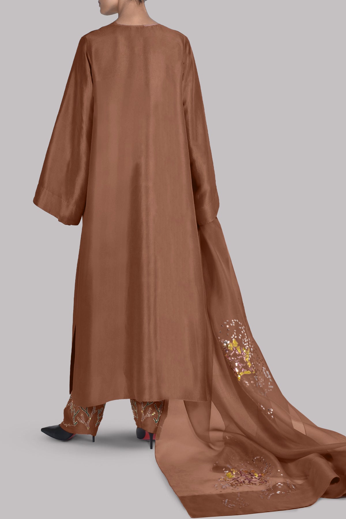 Mocha Mousse Embellished Raw Silk Set