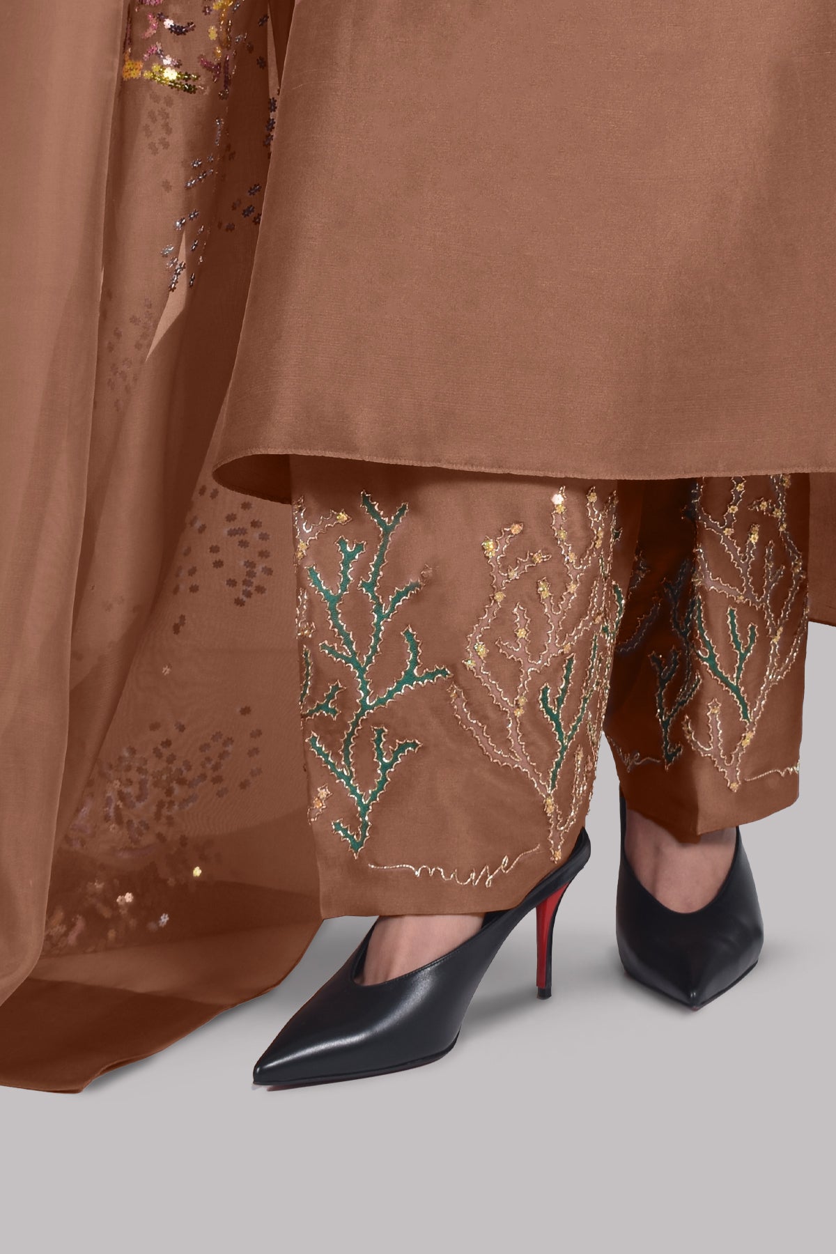 Mocha Mousse Embellished Raw Silk Set