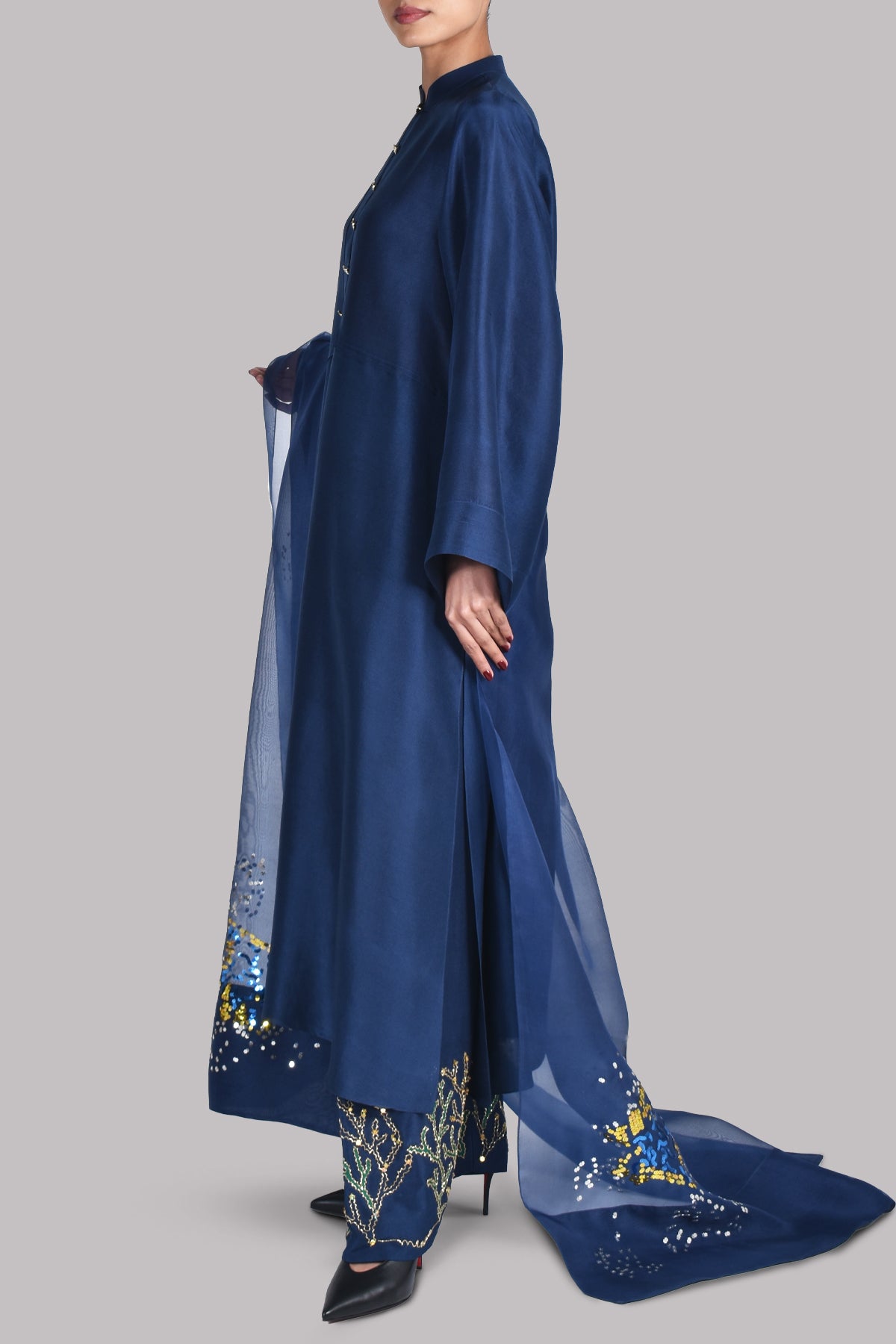 Pageant Blue Embellished Raw Silk Set