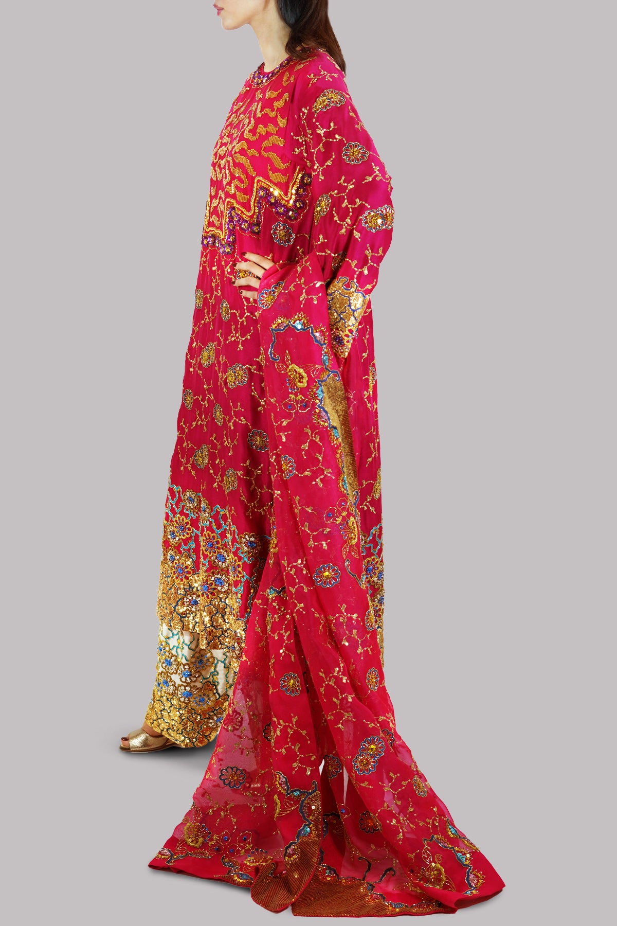Tango Red Embellished Raw Silk Set